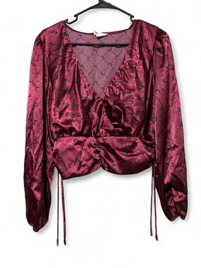 Women's Satin Burgundy Wrap Top with Subtle Print
